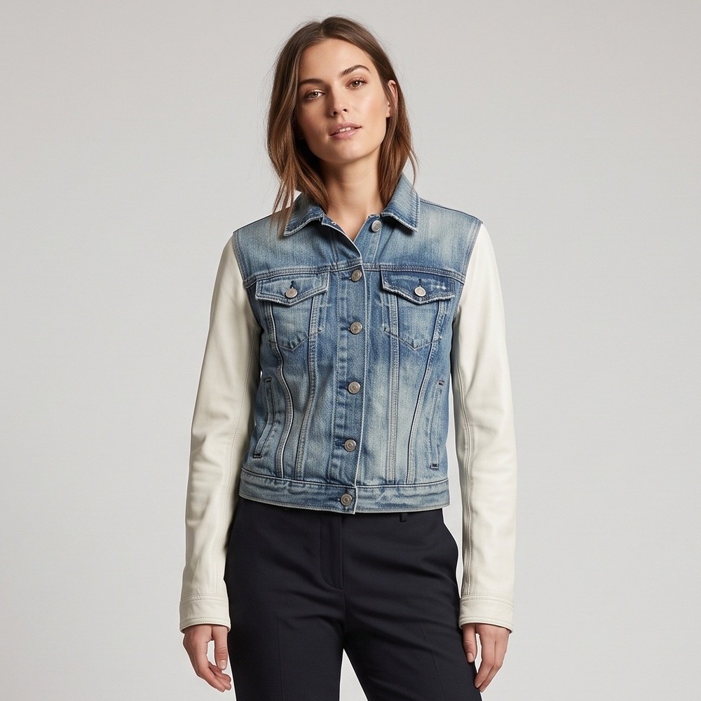 rag & bone JEAN Intermix Denim Jacket Lambskin Leather Sleeves Trucker Moto